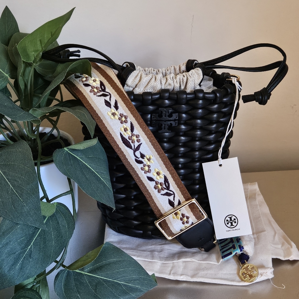 Tory Burch nwt black Emerson Woven Leather Mini Bucket Bag with original dust ba